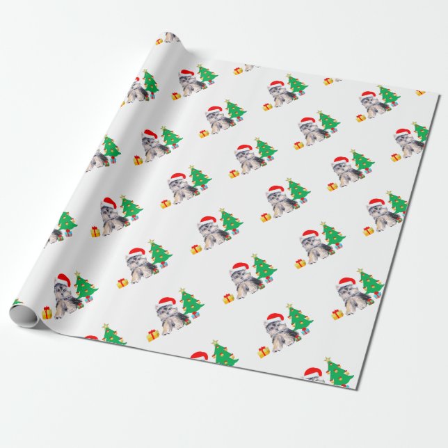 Papel De Presente Árvore de Natal, cachorrinho Yorkshire fofo e pres (Desenrolado)
