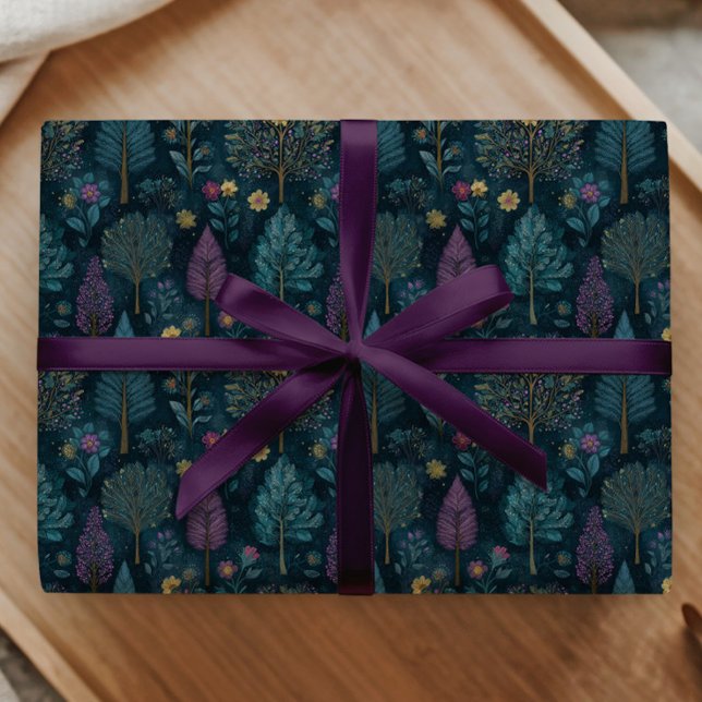 Papel De Presente Árvore de Natal Caprichosa com Padrão Roxo e Turqu (Criador carregado)
