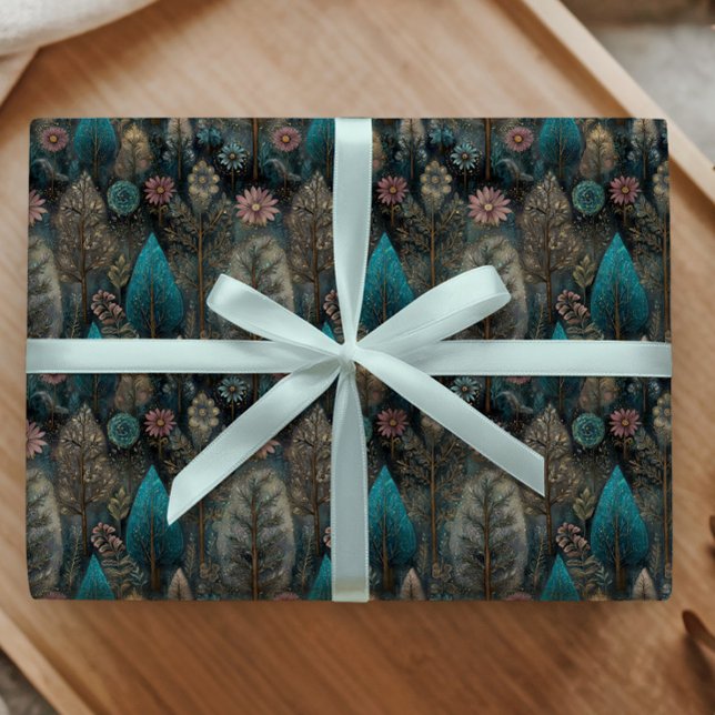 Papel De Presente Árvore de Natal Caprichosa em Design Prata e Azul (Criador carregado)