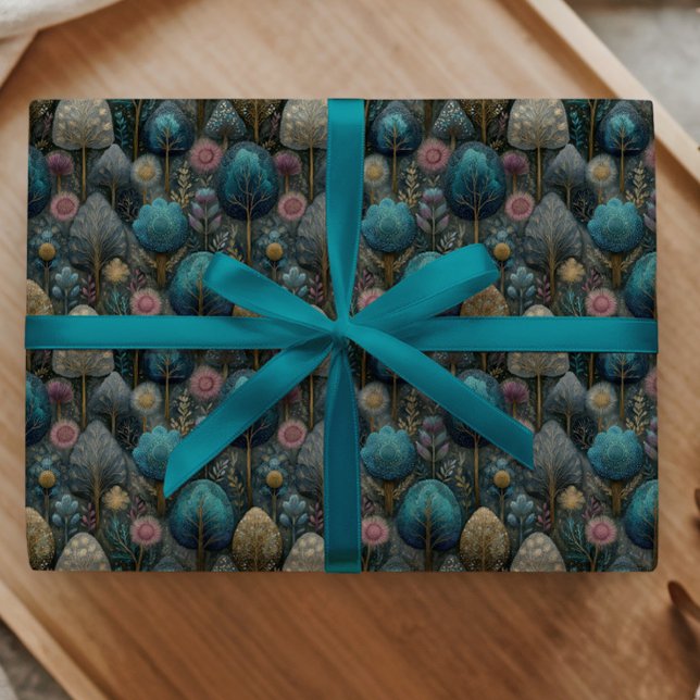 Papel De Presente Árvore de Natal Caprichosa em Presente Azul e Verd (Criador carregado)