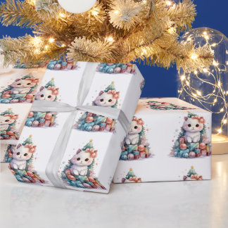 Papel De Presente Árvore de Natal Colorida Gato Aquarela
