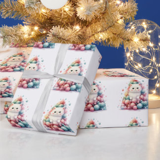 Papel De Presente Árvore de Natal Colorida Kit de Aquarela Gatinho