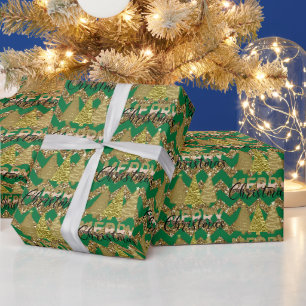 Papel De Presente Árvore de Natal com brilho verde e dourado