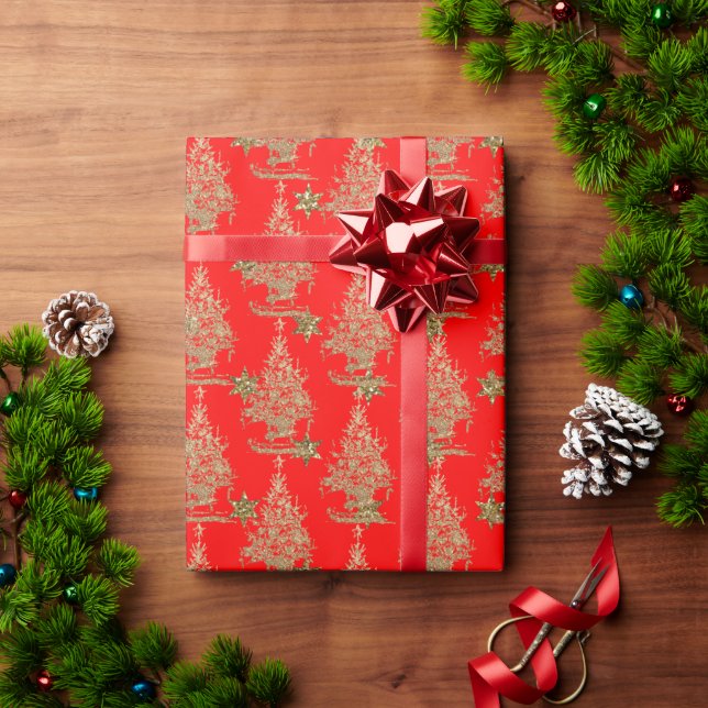 Papel De Presente Árvore de natal com brilho vermelho (Presente de Natal)