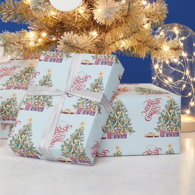 Papel De Presente Árvore de Natal com Estrela Dourada e Presentes (Feriados)