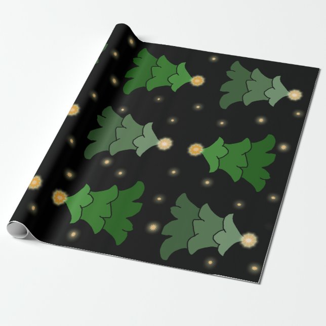 Papel De Presente Árvore de Natal com estrelas em preto (Desenrolado)