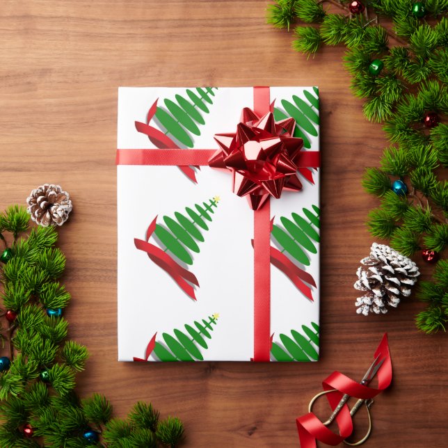 Papel De Presente Árvore de Natal com Fita Vermelha (Presente de Natal)