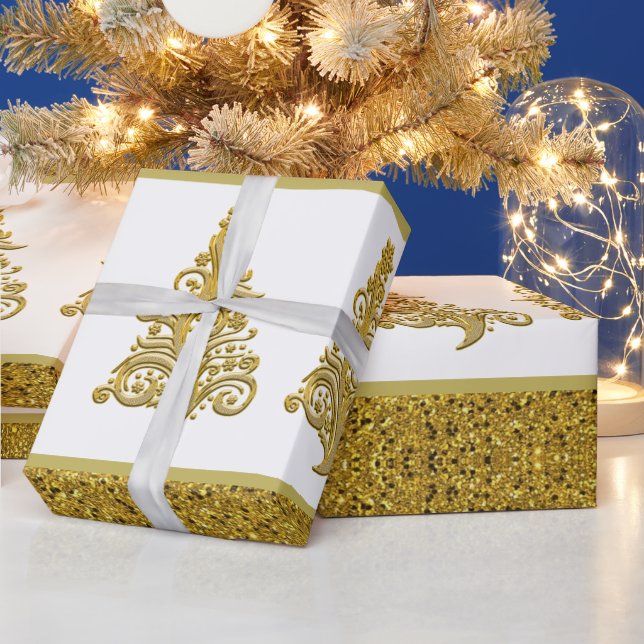 Papel De Presente Árvore de Natal com Glitter Dourado e Filigrana (Feriados)