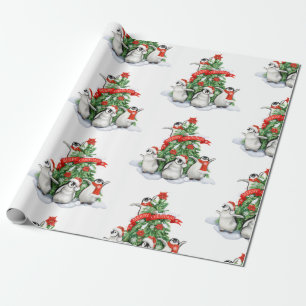 Papel De Presente Árvore de Natal com Natal de Pinguins