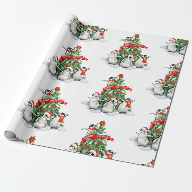 Papel De Presente Árvore de Natal com Natal de Pinguins (Desenrolado)