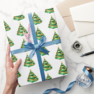 Papel De Presente Árvore de Natal com Redemoinho Dourado Verde Esmer