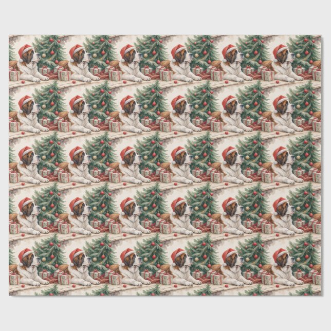 Papel De Presente Árvore de Natal com São Bernardo em Aquarela  (Aberto)