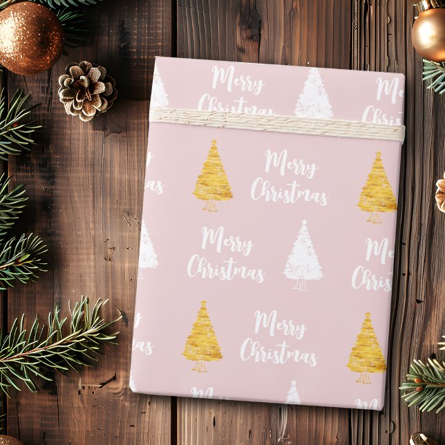 Papel De Presente Árvore de Natal Custom Blush Rosa Branco Dourado (Criador carregado)