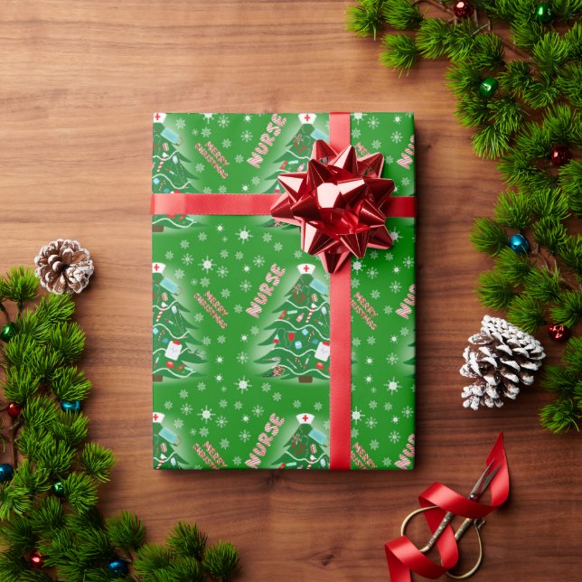 Papel De Presente Árvore de Natal da Enfermeira Fundo Verde (Presente de Natal)