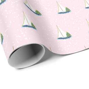 Papel De Presente Árvore de Natal de Barco à Vela Rosa Preppy