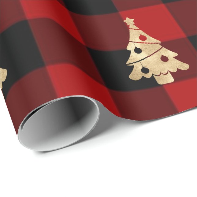 Papel De Presente Árvore de Natal de Buffalo Xadrez Lomberjack Doura (Ponta do rolo)