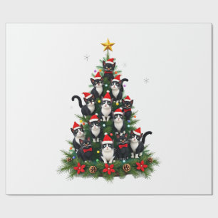 Papel De Presente Árvore de Natal de Gato Tuxedo Luzes de Gato Tuxed