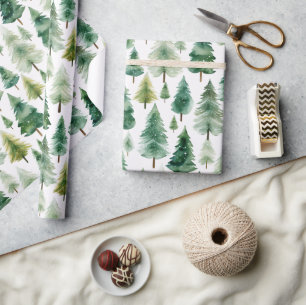 Papel De Presente Árvore de Natal de Inverno em Aquarela