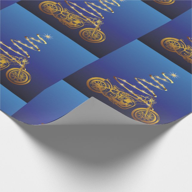 Papel De Presente árvore de natal de motocicleta dourada e azul (Ponta)