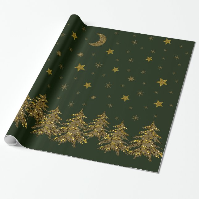 Papel De Presente Árvore de Natal de ouro faísca, lua, estrelas em v (Desenrolado)