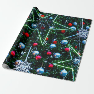 Papel De Presente Árvore de Natal decorada, estrelas, bolas