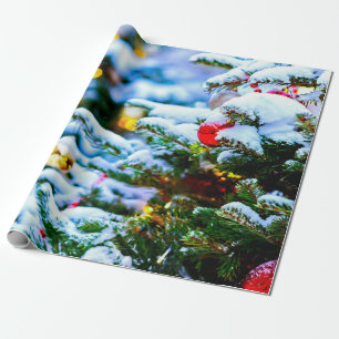 Papel De Presente Árvore de Natal decorada, neve, luzes