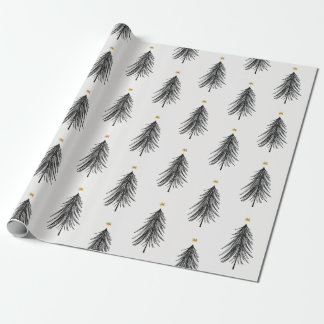 Papel De Presente Árvore de natal desenhada à mão em preto e ouro
