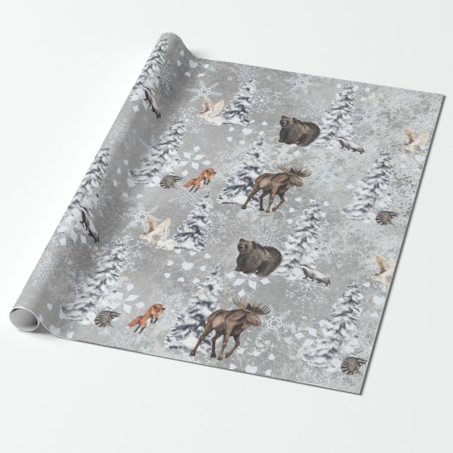 Papel De Presente Árvore de Natal do Alce do Inverno Florestal Floco (Desenrolado)