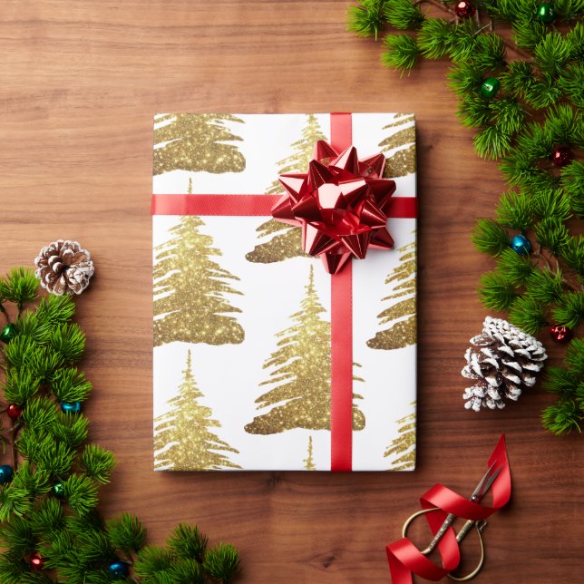 Papel De Presente Árvore de Natal Dourada com brilho (Presente de Natal)