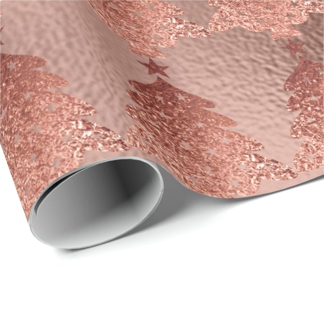 Papel De Presente Árvore de Natal Dourada de Blush de Cobre rosa Dou (Ponta do rolo)