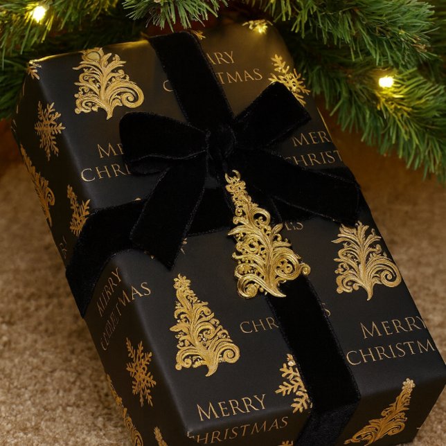 Papel De Presente  Árvore de Natal Dourada Floco de Neve em Preto  (Elegant black with gold Christmas tree wrapping paper)