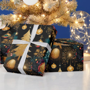 Papel De Presente Árvore de Natal Dourada Luxuosa com Acentos em Ver