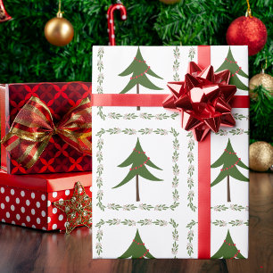Papel De Presente Árvore de Natal e Grinalda Minimalista Vintage Ret