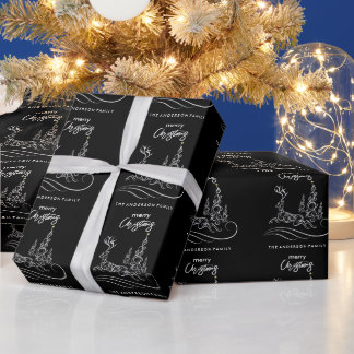Papel De Presente Árvore de Natal e Rena Elegantes Modernos Feliz Na