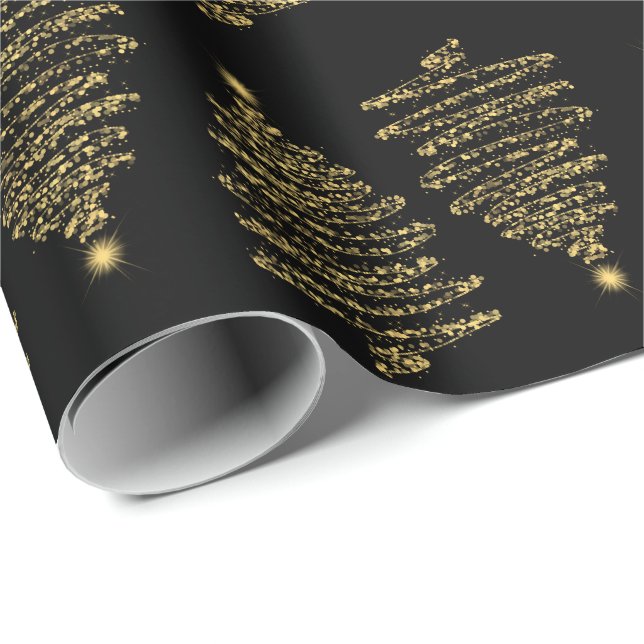 Papel De Presente Árvore de Natal elegante brilha preto Dourado (Ponta do rolo)