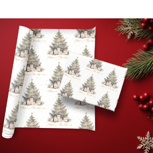 Papel De Presente Árvore de Natal Elegante de Natal Dourada Minimali