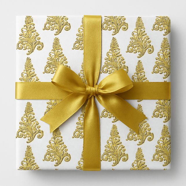 Papel De Presente Árvore de Natal elegante dourada e branca (Elegant gold and white Christma wrapping paper)
