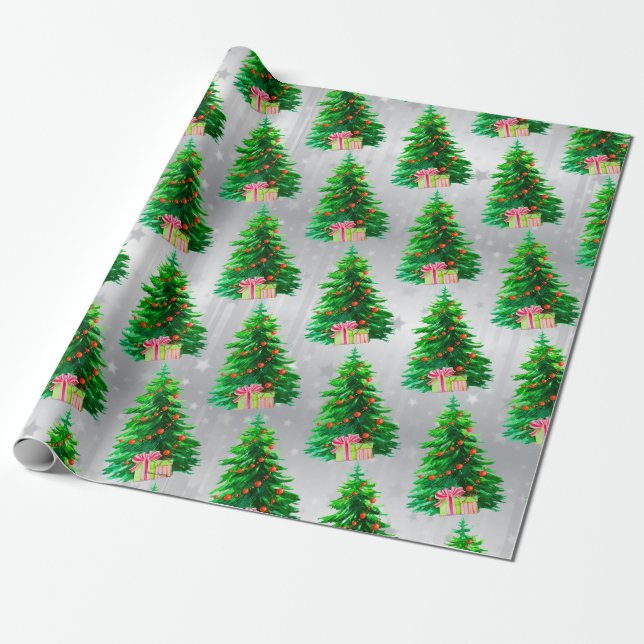 Papel De Presente Árvore de Natal Elegante, Encomendas Vermelhas, Em (Desenrolado)