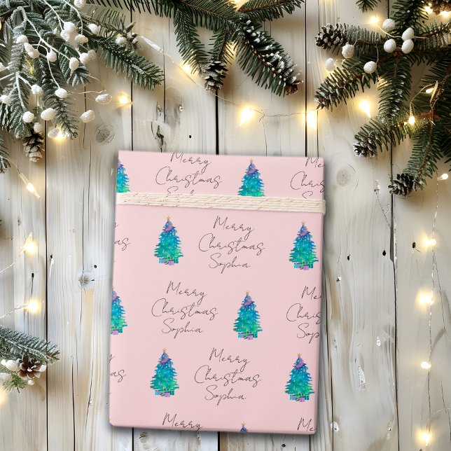 Papel De Presente Árvore de Natal Elegante Rosa Personalizada (Criador carregado)