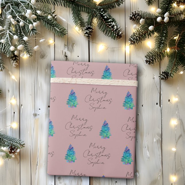 Papel De Presente Árvore de Natal Elegante Rosa Poeirenta Personaliz (Criador carregado)