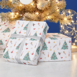 Papel De Presente Árvore de Natal em Aquarela Caprichosa