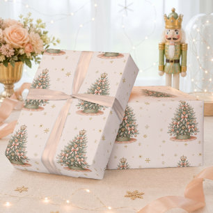 Papel De Presente Árvore de Natal em Aquarela Pêssego Hortelã Feriad