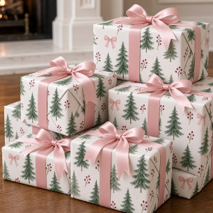 Papel De Presente Árvore de Natal em Aquarela Vintage com Laço de Fi