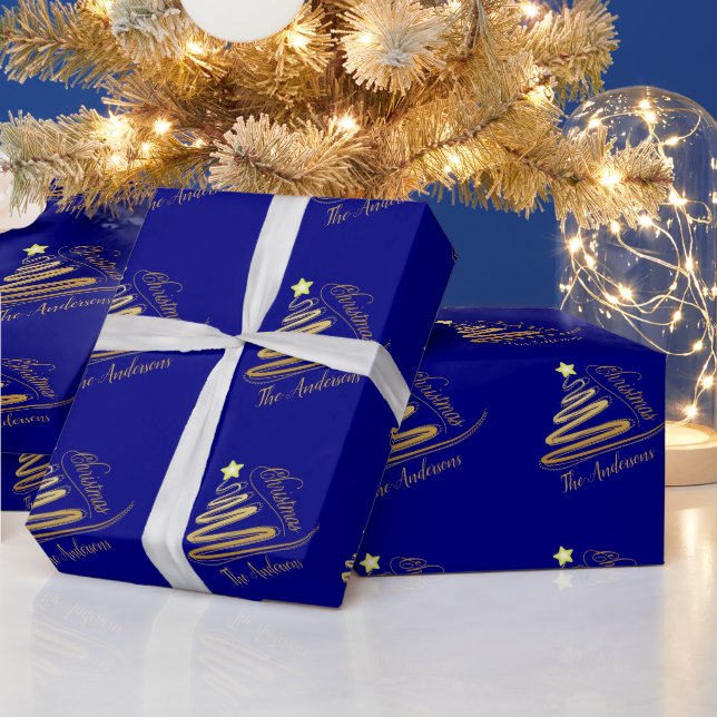 Papel De Presente Árvore de Natal em azul naval elegante com folha d (Feriados)