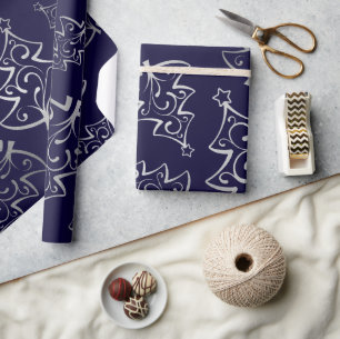 Papel De Presente Árvore de Natal em Faux Foil Azul e Prata Elegante