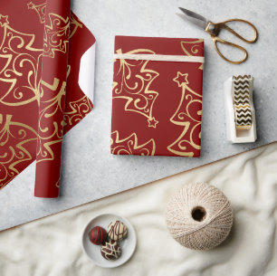 Papel De Presente Árvore de Natal em Faux Foil Vermelho e Dourado El