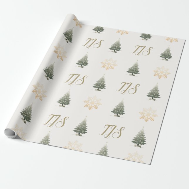 Papel De Presente Árvore de Natal em Floco de Neve Floral Monograma  (Desenrolado)