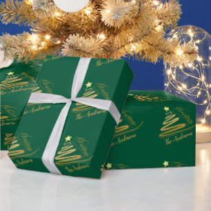 Papel De Presente Árvore de Natal em Verde Esmeralda Elegante com Fo