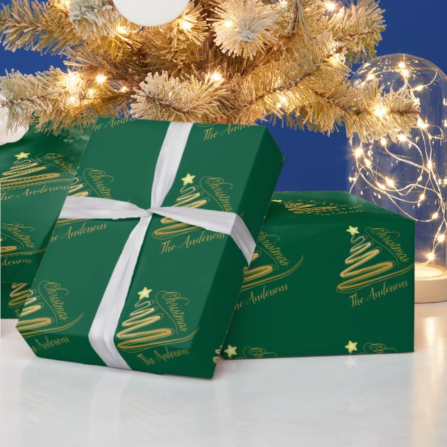 Papel De Presente Árvore de Natal em Verde Esmeralda Elegante com Fo (Feriados)