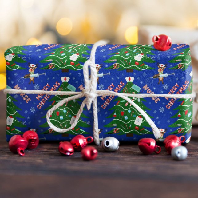 Papel De Presente Árvore de Natal Enfermeira Feliz Natal com Rena En (Criador carregado)